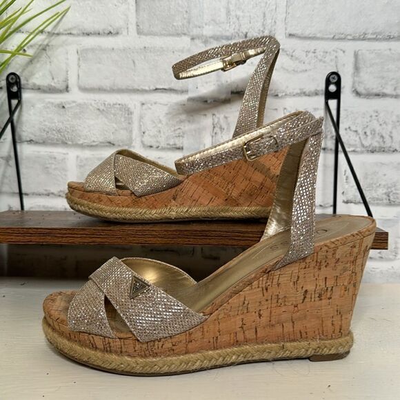 GUESS Metallic Strappy Platform Wedges Womens Size 9 - Picture 2 of 9